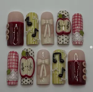 Cute Schoolgirl Press On Nails, Apple Music Notes Gingham Bow Nail Art, Red Plaid Polka Dot Nails, Back to School Coquette Nail Set