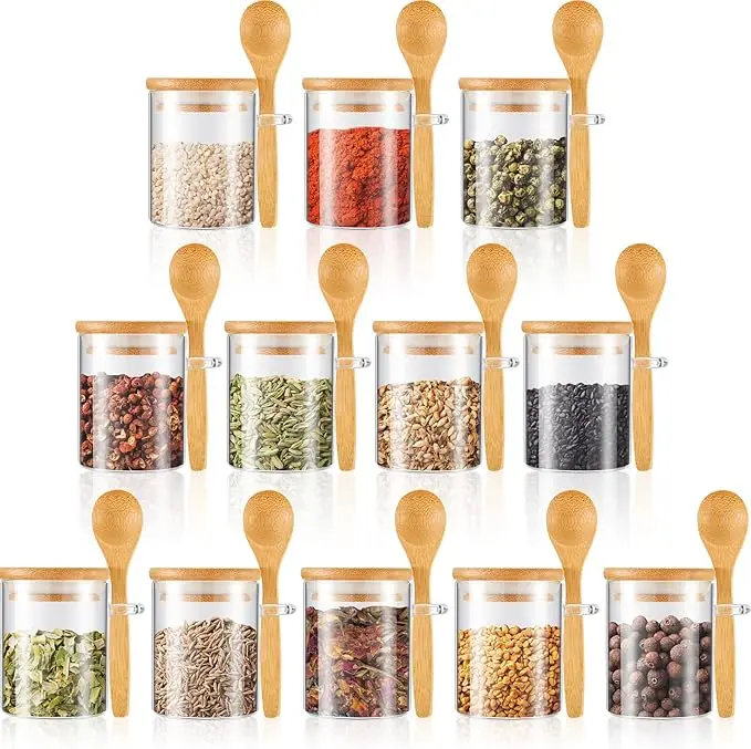 Glass Spice Jar with Spoon & Bamboo Lid – Airtight Seal, Multipurpose Storage for Kitchen & Pantry –  containers plastic oily