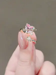 1pc Wedding Bridal Bridesmaid Ring, Adjustable, Pink Heart Star Faux Pearl & Gold Ring, Suitable For Wedding, Party, Couples, Friends, Daily Wear Vintage Valentine's Day