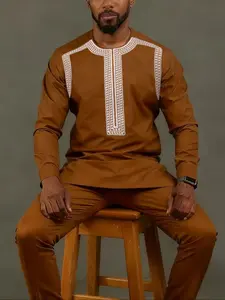 Men's Muslim Style Kurta Kaftan Set, Round Neck Long Sleeve Embroidery Design, Casual African Clothing for Weddings Festivals Business Fasting Gifts