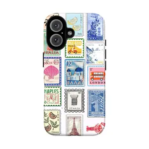 World Travel Stamp Collage Phone Case for IP 16 15 14 13 12 11 Pro Max XR Xs 6 7 8 Plus SE, Retro Travel Art & City Postmark Collage Phone Case, Shockproof Heavy Duty Protective Cover, Aesthetic Wanderlust Tough Case