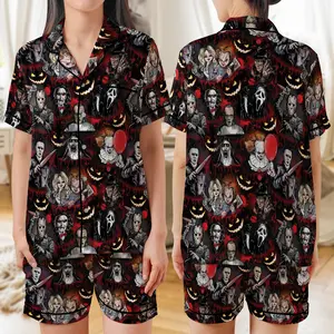 Horror Pajama Set – Halloween Satin Sleepwear with Scary Cartoon Prints, Spooky Loungewear Outfit for Women