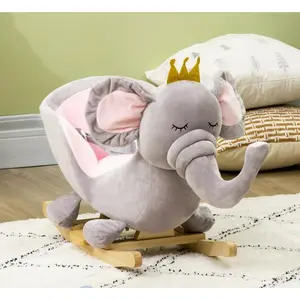 Qaba Baby Rocking Horse Elephant Rocking Chair Toddler Rocker Toy with Sound Wooden Base Seat Safety Belt for 1.5-3 Year Old, gray