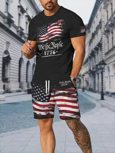 Independence Day American Flag Men's Short Sleeve Graphic Prints T-Shirt Set, Casual Summer Two-Piece, Fashion Street Style Shorts, Tee, Matching