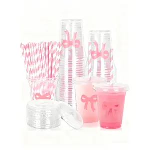 Bow Plastic Cups with Lids & Straws (20/50 Pack), Cute Party Drinkware for Bridal Shower, Baby Shower, Birthday, Girl Themes
