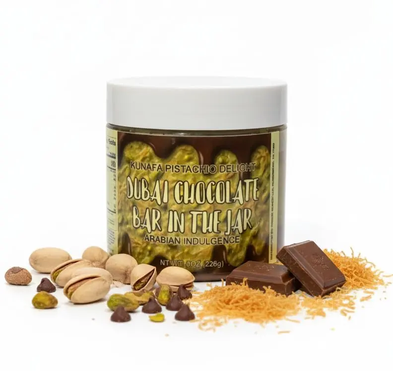 Dubai Chocolate Jar - Crunchy Creamy Pistachio Treat Spread, Kunafa Pistachio Delight - 2 Flavors: Dark, Milk (8 OZ/226 g)