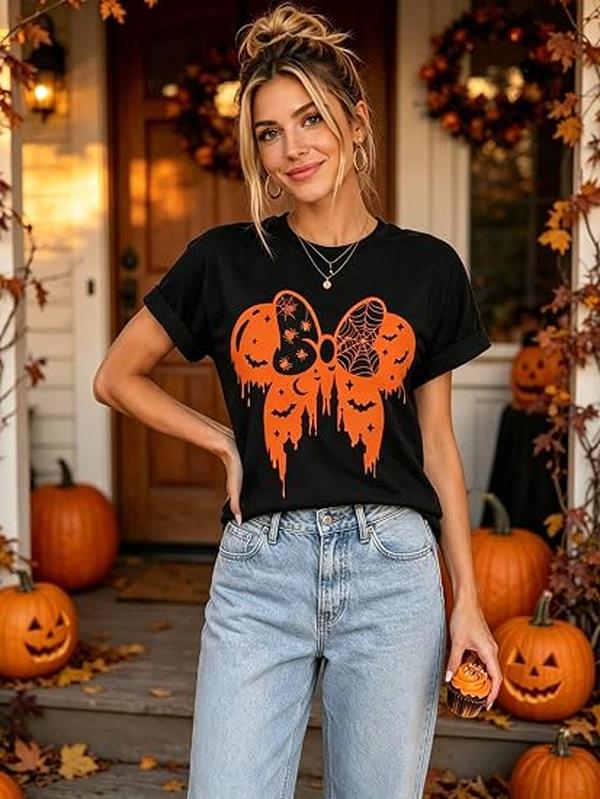 Women's Short-Sleeve Cotton Blend T-Shirt, Magic Kingdom Bow Print Graphic Top, Spooky Fall Casual Holiday Gift