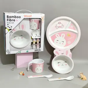 Rabbit Cartoon Bowl Kids Tableware Set, Bamboo Fiber Divided Plate, Baby Bowl & Dish Set, Gift for Baby Safe and Eco-Friendly