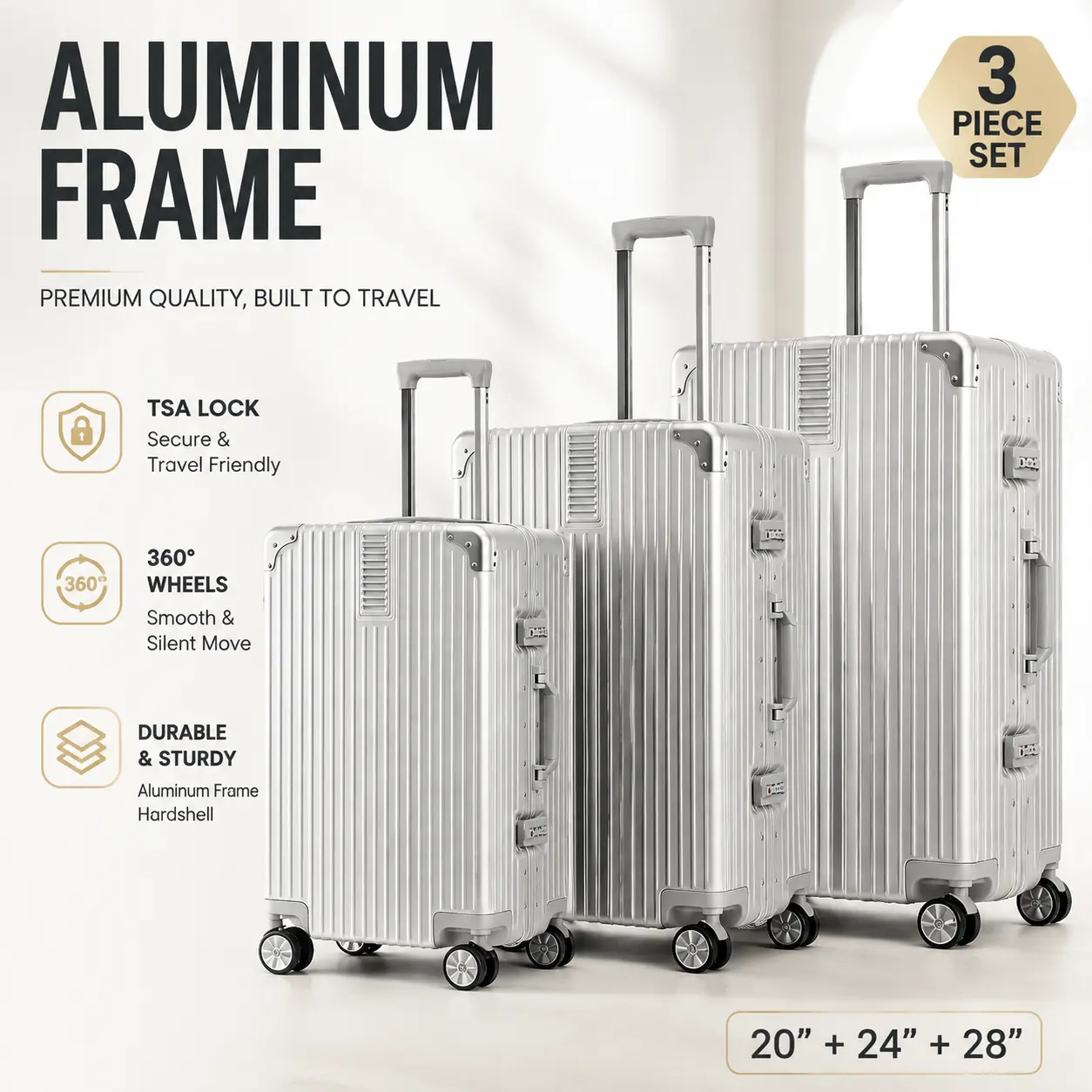 Premium Zipperless Aluminum Frame Luggage Set, 3 Piece Hardshell Suitcases 20/24/28 Inch with TSA Lock & Silent Spinner Wheels for Travel - Gold