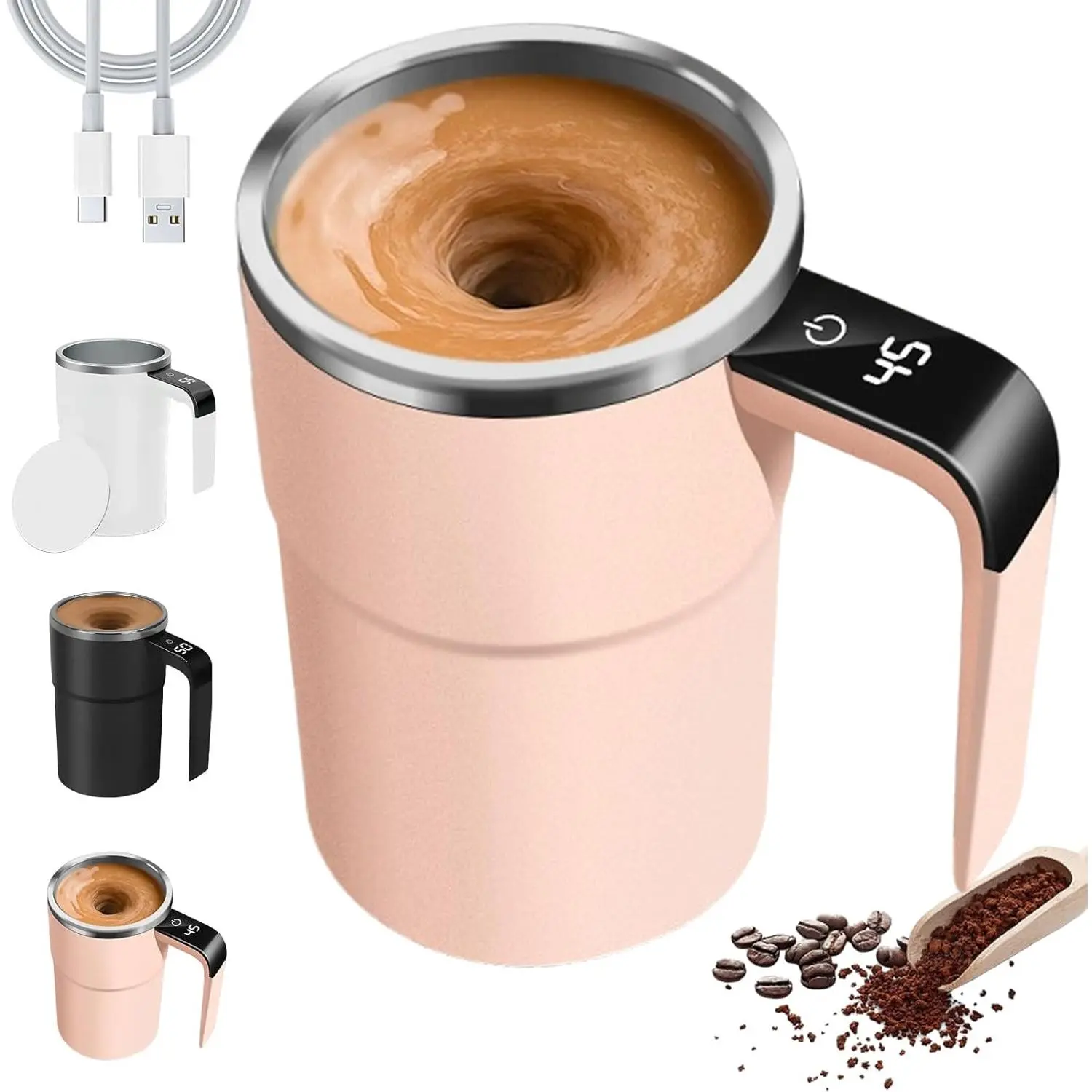 Pink Aesthetic Reusable Magnetic Self-Stirring Insulated Tumbler Cup, ABS-Stainless Steel, Built-In USB-Rechargeable Battery, Secure Lid, Real-Time LED Temperature Screen, Removable Stirrer, Portable Office Coffee Tea Drinkware