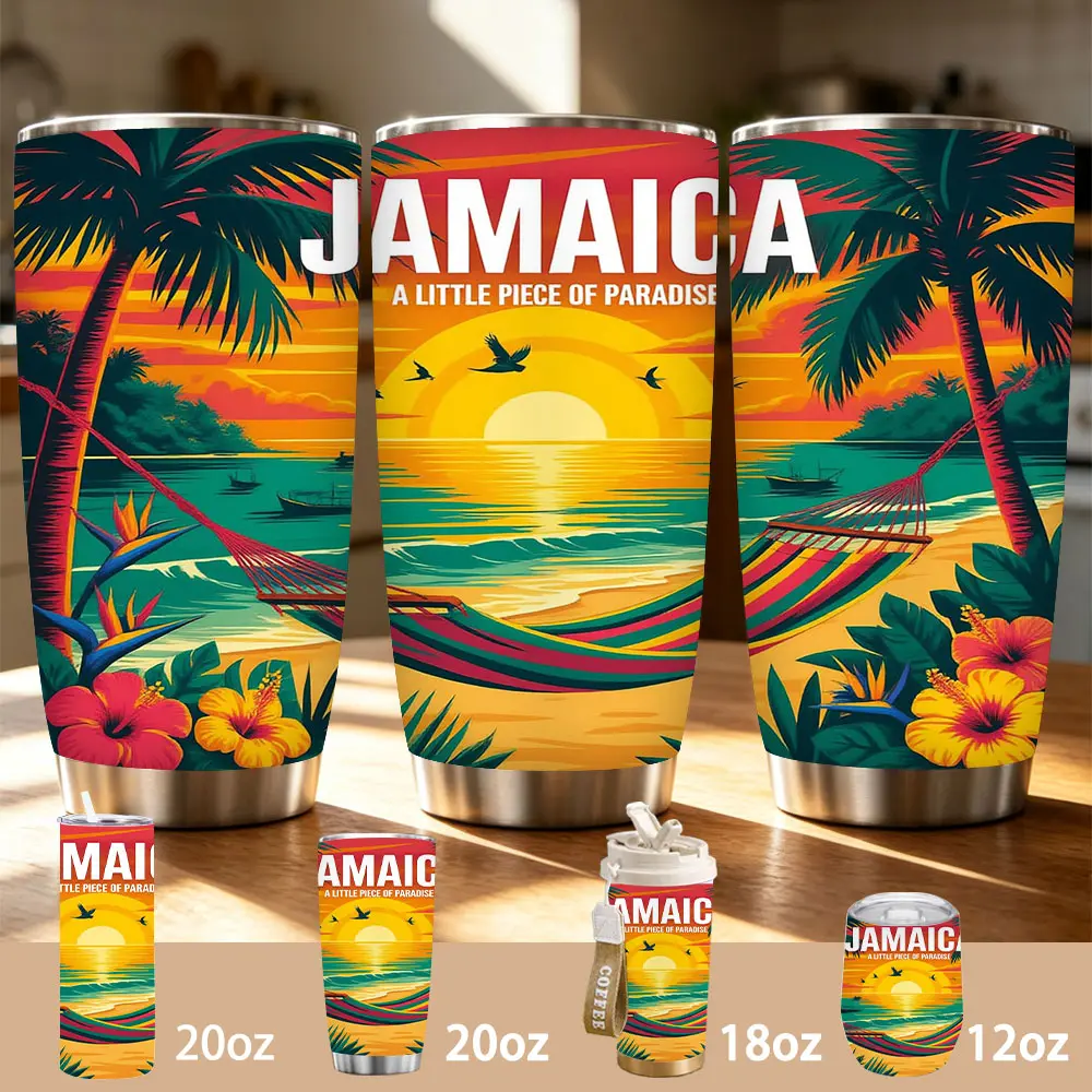 Portable Vintage Jamaica Paradise Stainless Steel Insulated Tumbler - Tropical Sunset Print Design, 12/18/20oz Vacuum Flasks, Keeps Cold/Hot for 7-12 Hours, Ideal Gift for Jamaica Lovers
