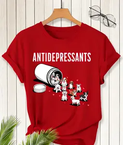 Elegant Women'S Short Sleeve T-Shirt with "Antidepressants" Dog Drawing | Comfortable, Soft, Breathable, Vintage Style, Crew Neck, Suitable for All Seasons