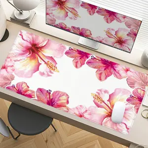 Pink Hibiscus Flowers Desk Mat Gaming Mouse Pad XXL Extended Mouse Pad for Laptop Large Mouse Pad for Desk Office Desk Accessories with Non - Slip Rubber Base Stitched Edges Surface for PC Gamers Office Workers & Home Use