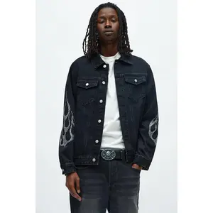Ice Flames Jeweled Denim Trucker Jacket - Black Wash
