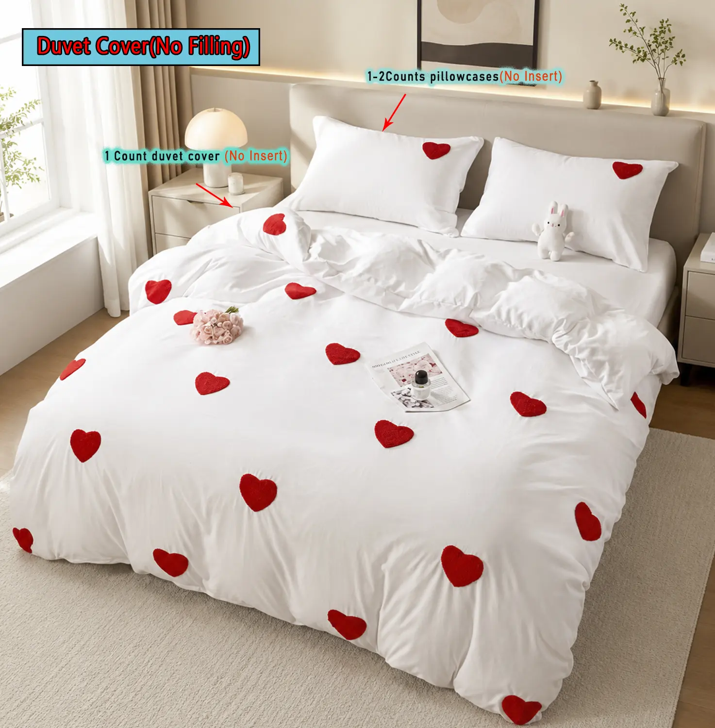 Tufted Embroidered Duvet Cover Set (No Insert), Includes 1 Duvet Cover with Zipper Closure & 1-2 Pillow cases, Romantic Coquette Bedding , Soft & Lightweight Comforter Cover , All-Season Washable Aesthetic Bedroom Décor, Gift for Her