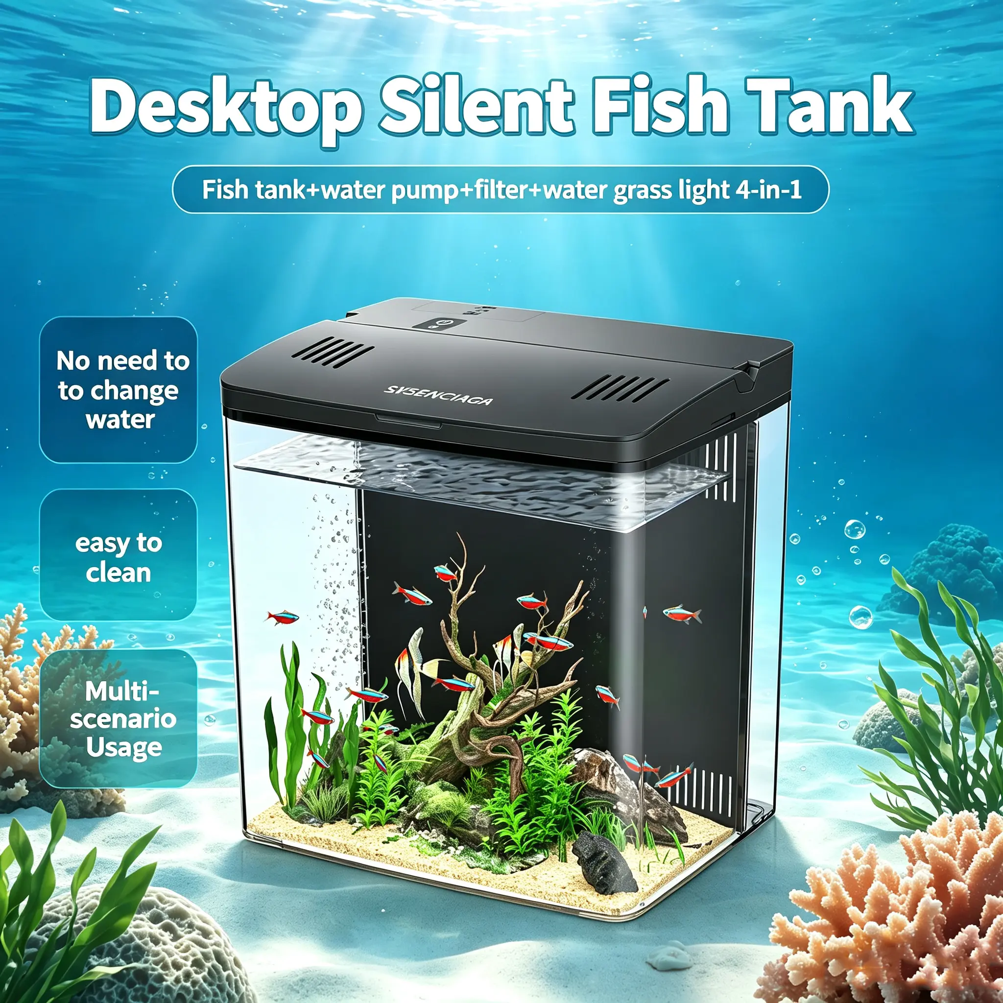 6-in-1 Desktop Fish Tank With Water Pump And Filter, USB Charger 1.2 Gallon Self-Cleaning Smart Aquarium 5-Color LED Light, Auto-Cycling Quiet Pump for Lazy Fish