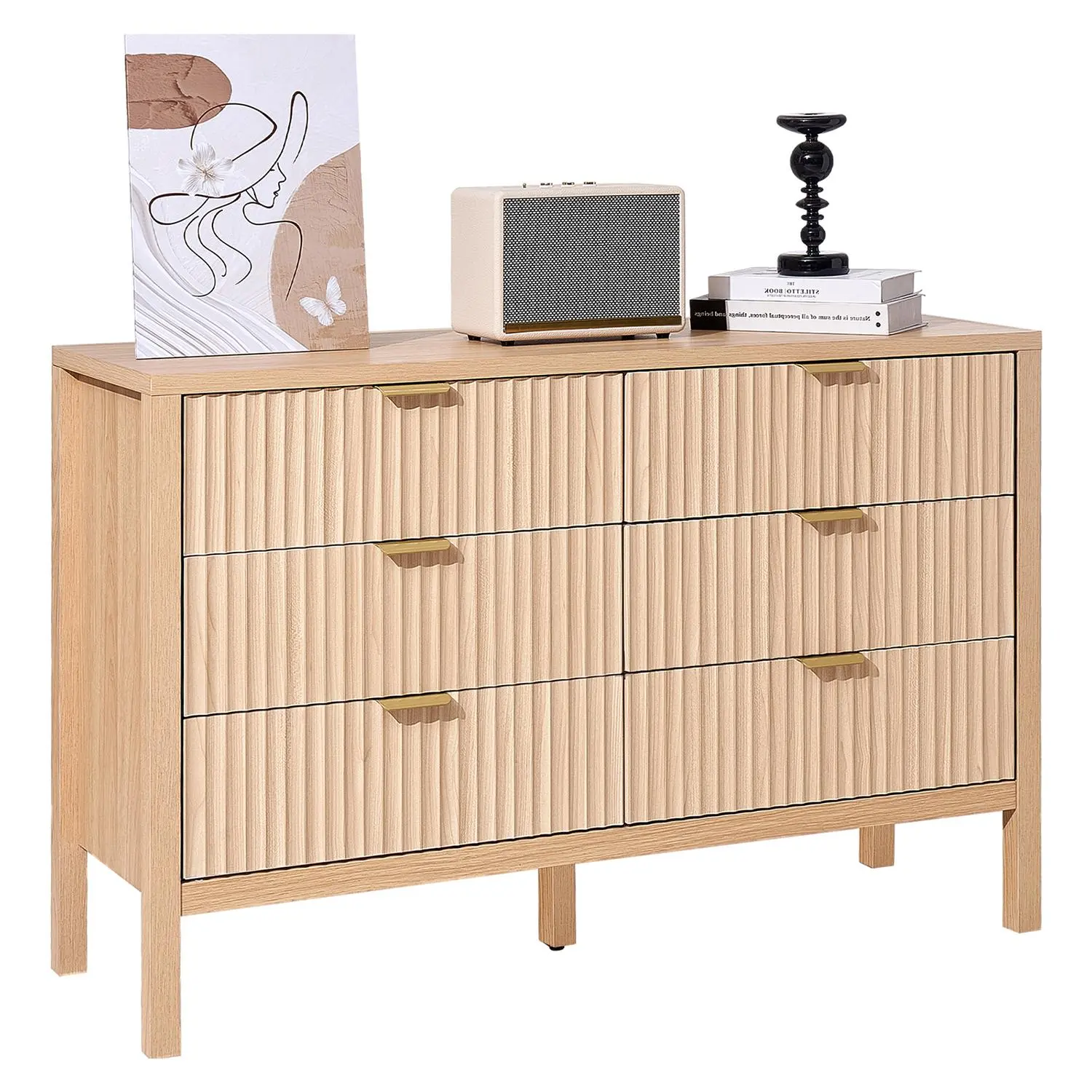 VEVOR 6-Fluted Drawer Dresser Cabinet, Natural Wood Finish Storage Unit with Sliding Drawers & Anti-Tip Device, Modern Minimalist Piece for Bedroom & Indoor Closet Organization