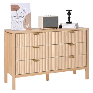 VEVOR 6-Fluted Drawer Dresser Cabinet, Natural Wood Finish Multi-Drawer Storage Unit with Sliding Function & Anti-Tip Device, Modern Minimalist Bedroom Dresser for Indoor Closet Organization