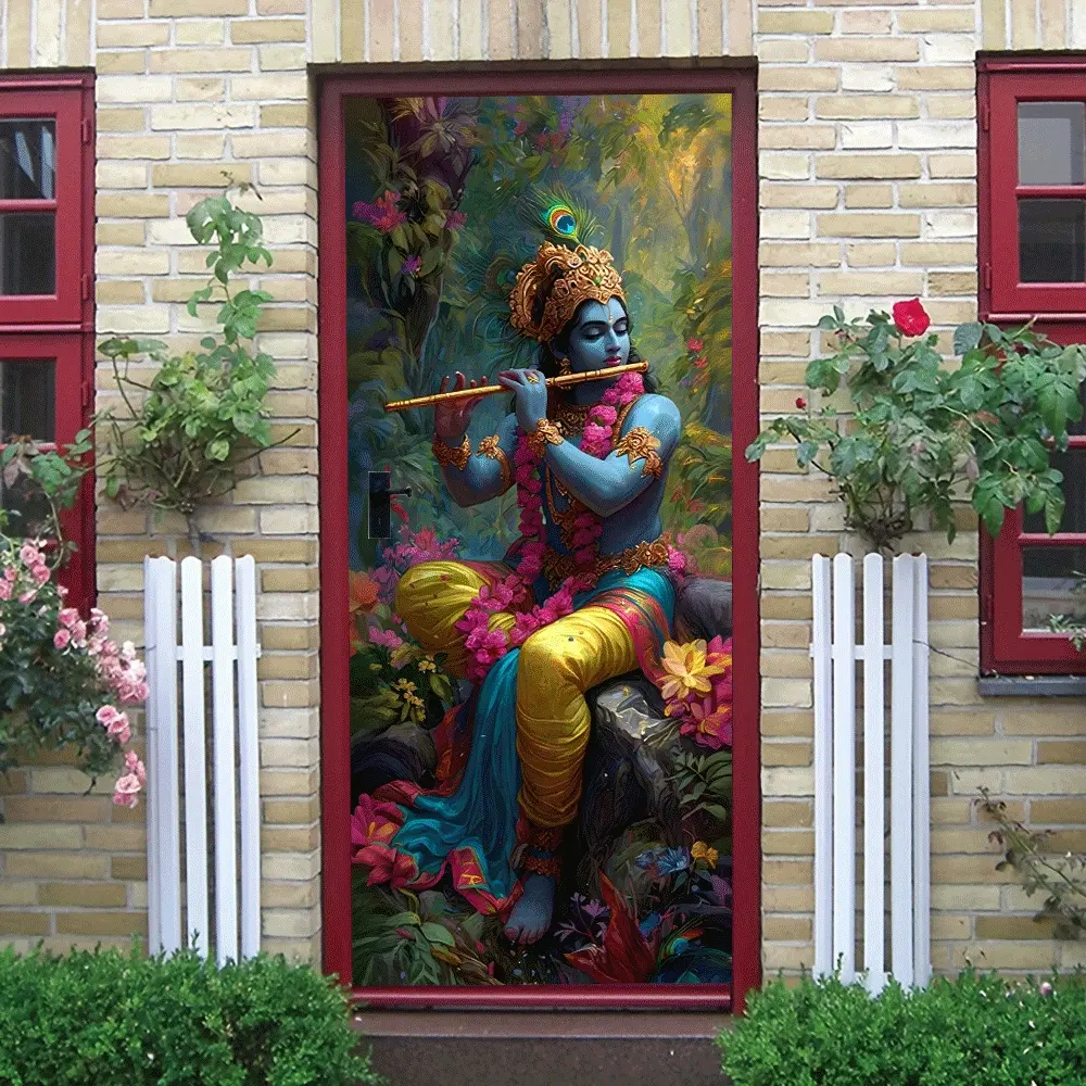 2pcs Hindu Deity Wall Decor Sticker Krishna Playing Flute God Statue Decal Living Room Bedroom Wall Art Waterproof Self Adhesive Removable Indian Culture Theme Home Decoration Poster