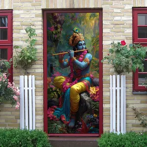 2pcs Hindu Deity Wall Decor Sticker Krishna Playing Flute God Statue Decal Living Room Bedroom Wall Art Waterproof Self Adhesive Removable Indian Culture Theme Home Decoration Poster