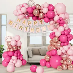 138pcs Pink Balloon Arch Garland Kit with Different Size Pastel Hot Pink White Metallic Rose Gold Confetti Balloons for Birthday Baby Shower Princess Theme Wedding Valentine's Party Decorations Light