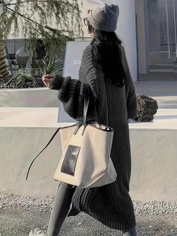 Women's Solid Color Textured Drop Shoulder Pocket Longline Cardigan Casual Open Front Long Sleeve Knitwear for Fall Winter Loose Fit Versatile Knit Clothing for Daily Wear