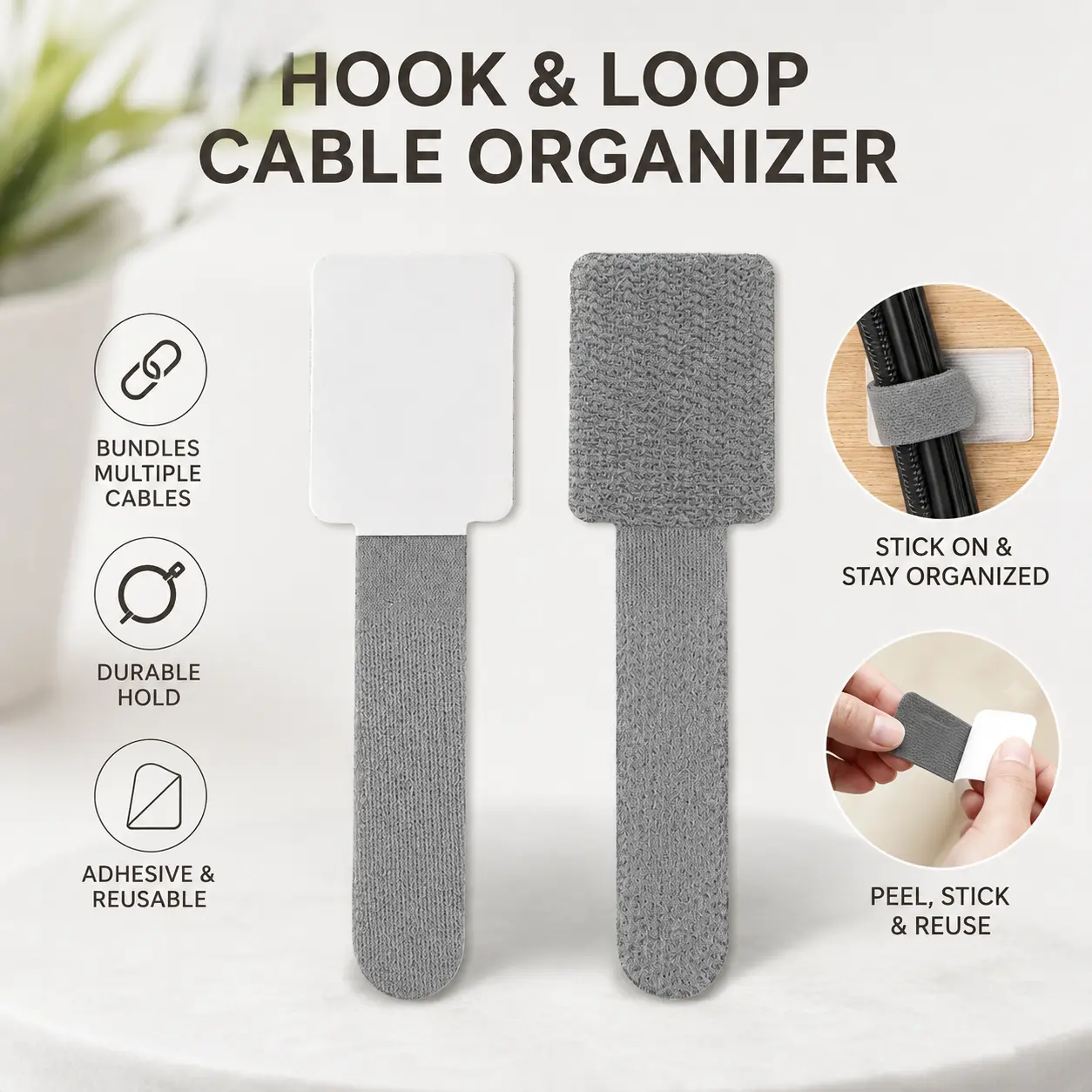 10 Counts Hook and Loop Cable Organizers, Self-adhesive Punch-free Reusable Cable Ties for Home Office Desktop Cord Management