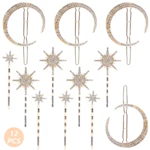 12 Pcs Stars and Moon Hair Clips, Vintage Rhinestone Hair Pin, Metal Alloy Diamond-studded Hair Accessories for Women Girls - Home Improvement.