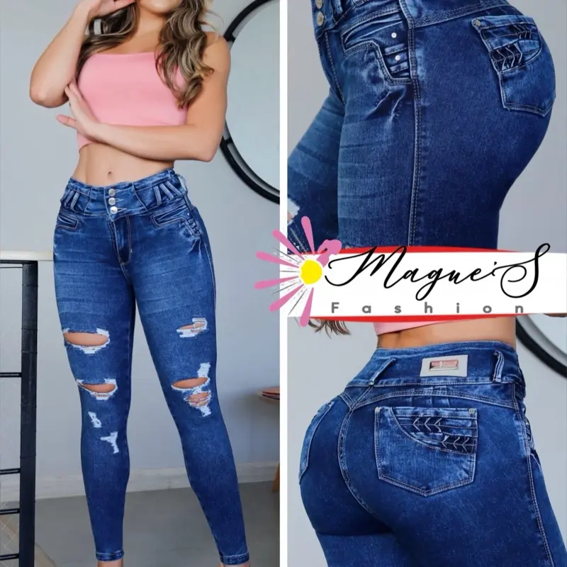 J133-8211-Push Up Colombian Jean with Distressed Design High-Waist Denim Style for Women