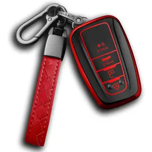 New Upgrade Compatible With Toyota Key fob Cover with Leather Keychain,Soft TPU Full Cover Protection,Key fob case for RAV4 Camry Avalon Corolla Highlander C-HR Prius Smart Remote,Key Fob Shell-Red