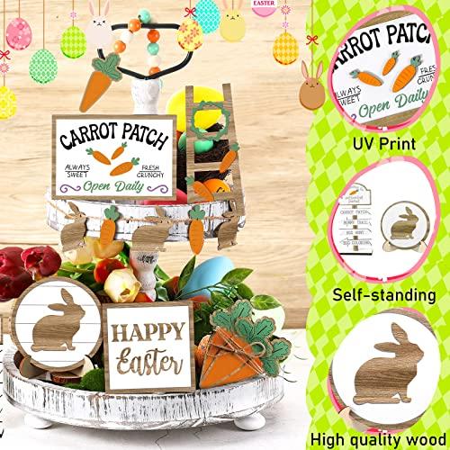 Easter Tiered Tray Decor Wooden Signs Set (No Tray), Rustic Bunny Egg Carrot Jesus Cross Risen Ornaments Cute Durable Layered Tray Signs for Mantel Shelf Table Kitchen Display, Spring Home Easter Decor Christian Family Religious Party Gifts, Date Suppiles