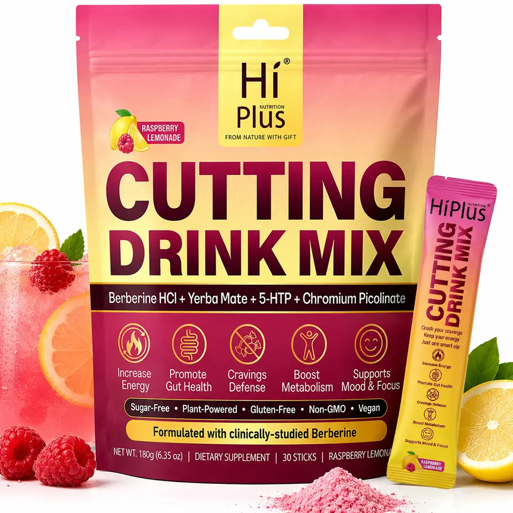 HiPlus Cutting Drink Mix – with Magnesium, Berberine, Chromium, Vitamin D3, 5-HTP & FOS | Sugar-Free, Vegan, Non-GMO, Gluten-Free, Raspberry Lemonade - 30 Servings