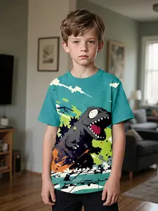 Pixel Godzilla Digital Print T-Shirt for Boys, Graphic Printed Shirt, 100% Polyester Casual Wear, Perfect Gift for Outdoor Activities and Daily Use