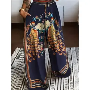 Fashionable peacock print pants - single-sided brushed, fashionable casual wear GARMENTARY