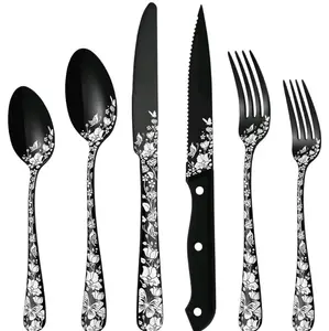 24 Pcs Black Floral Silverware with Steak Knives, Stainless Steel Copper Silverware Flatware Cutlery Set for 4, Include Forks Spoons and Knives set, Mirror Polished, Dishwasher Safe Utensils Stylish Tableware Sturdy