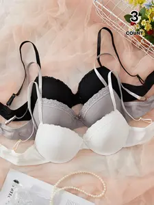 3-Pack Women's Sexy Fitted Ribbed Satin Push-Up Bras, Lace Details & Bow Decor, Adjustable, Underwire Medium Support, Lined, All Seasons Gift