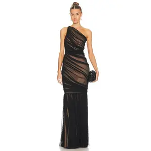 Norma Kamali Diana Fishtail Gown in Black Mesh & Nude