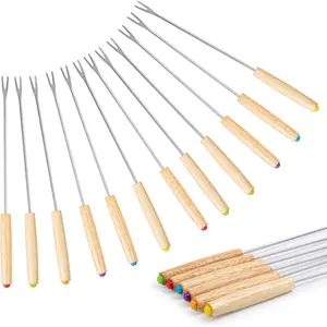 12 pcs 9.5-inch color-coded wooden fondue forks, stainless steel fruit fondue forks with heat-blocking handles for chocolate fountains and cheese