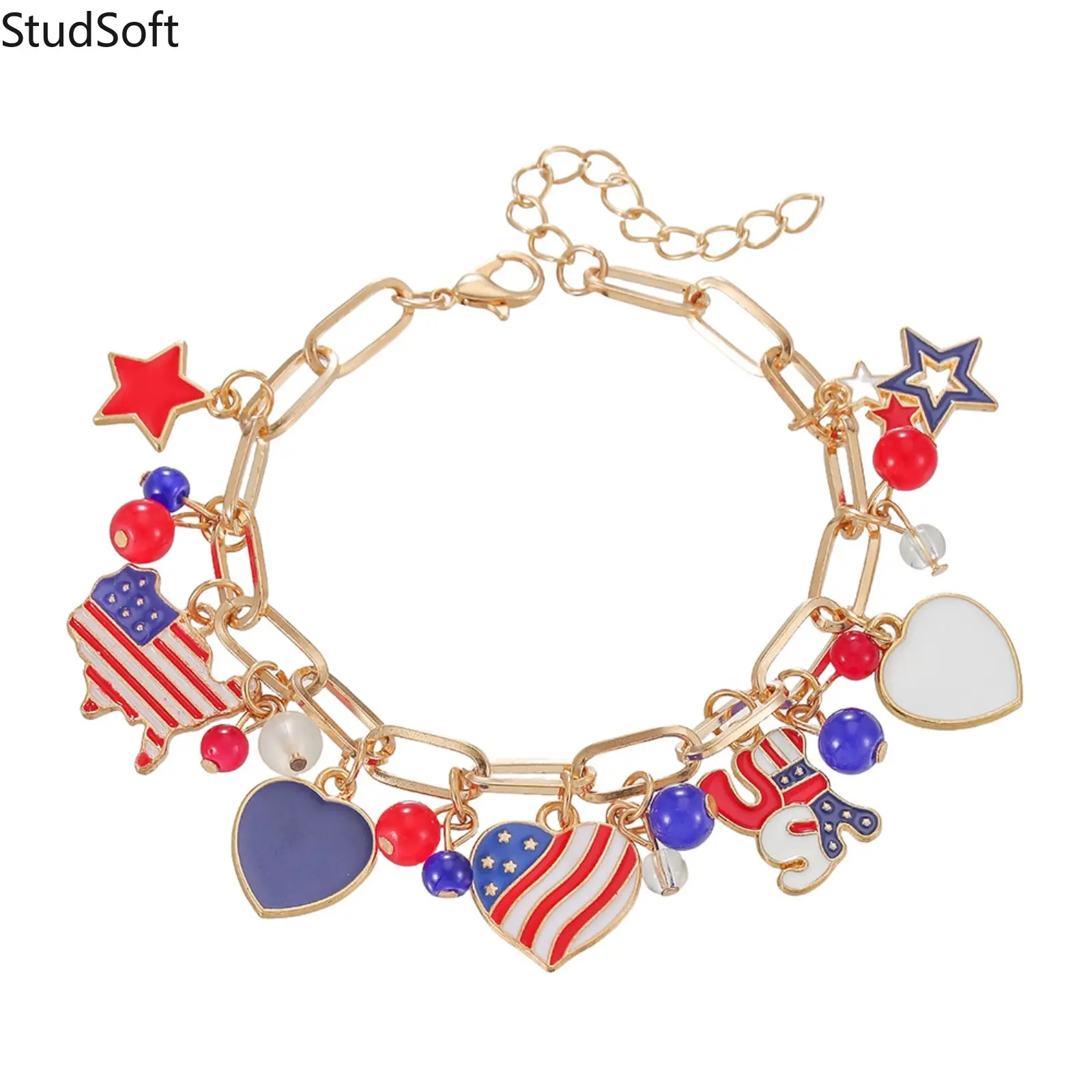 Women's 2026 New Patriotic Charm Bracelet - Red White Blue USA Map, Heart Charm Paperclip Chain - Trendy Jewellery Accessories, Independence Day Sports Wristband Gift