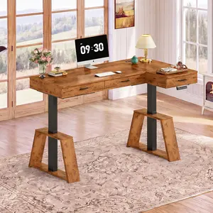 SEDETA 59-Inch L-Shaped Electric Standing Ergonomic Desk - Executive Adjustable Home Office Desk with Drawers, Power Outlets
