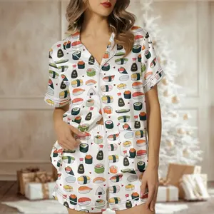 Sushi Print Christmas Pajama Set, Satin Short Sleeve Holiday Sleepwear, Cute Nightwear Gift For Women, Fun Loungewear, Holiday Surprise #pajamas