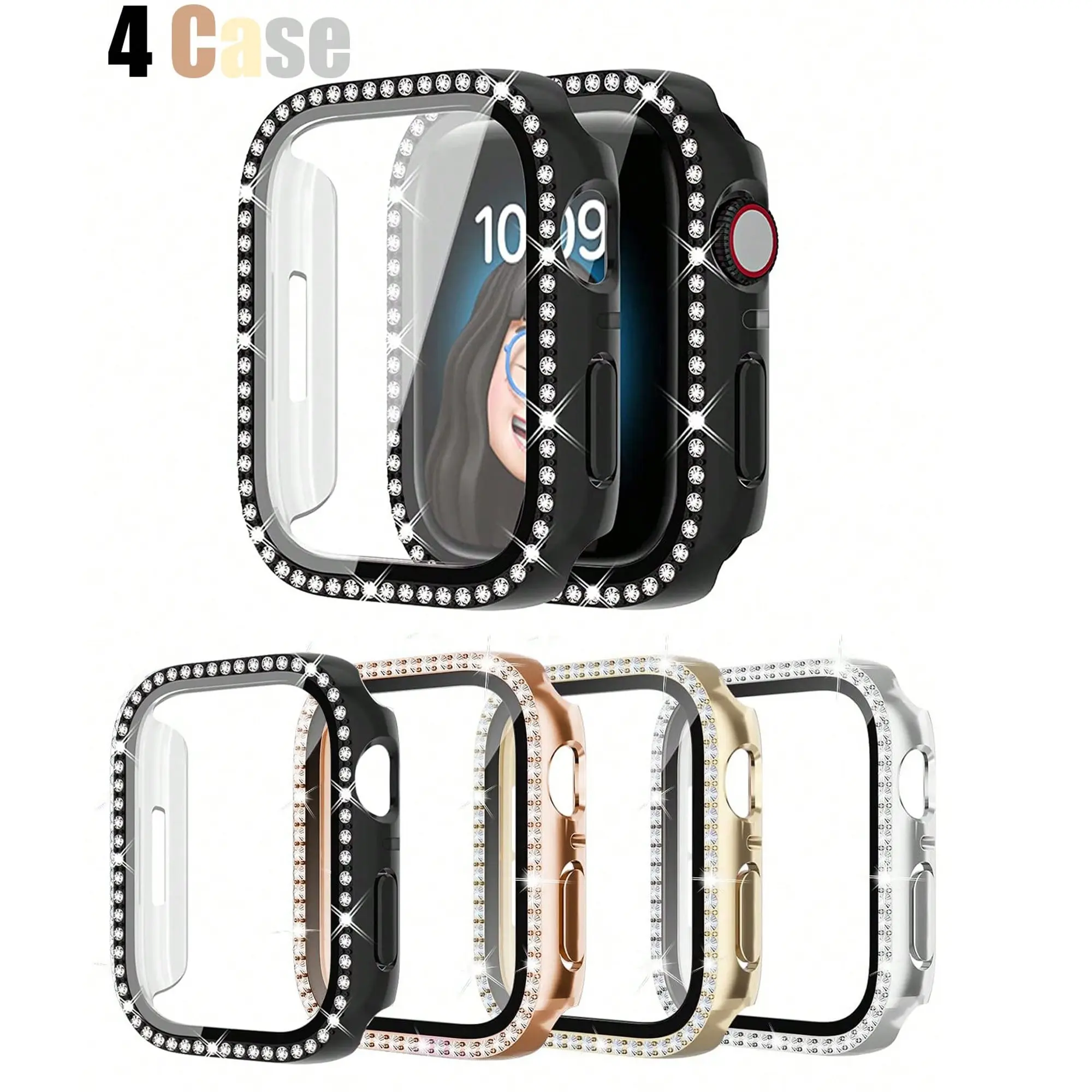 4-Pack Sparkling Diamond Watch Protective Case, Shockproof Scratch-Resistant Hard PC Protector Case, Fits Apple Watch Series 3-11/Ultra/SE, 38mm-49mm, Bling Protective Smartwatch Accessories