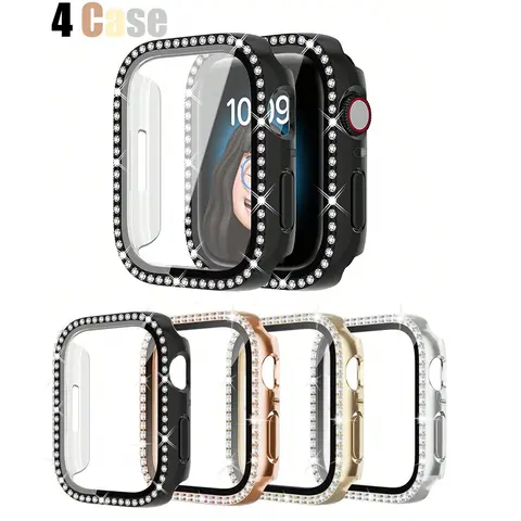 4-Pack Case with Rhinestones for Apple Watch – Shockproof, Scratch-Resistant & Protective Hard PC Case with Ultra-Thin HD Tempered Glass Screen Protector. Compatible with Apple Watch Series Ultra/12/11/10/9/8/7/6/5/4/SE (Sizes 38mm–46mm)