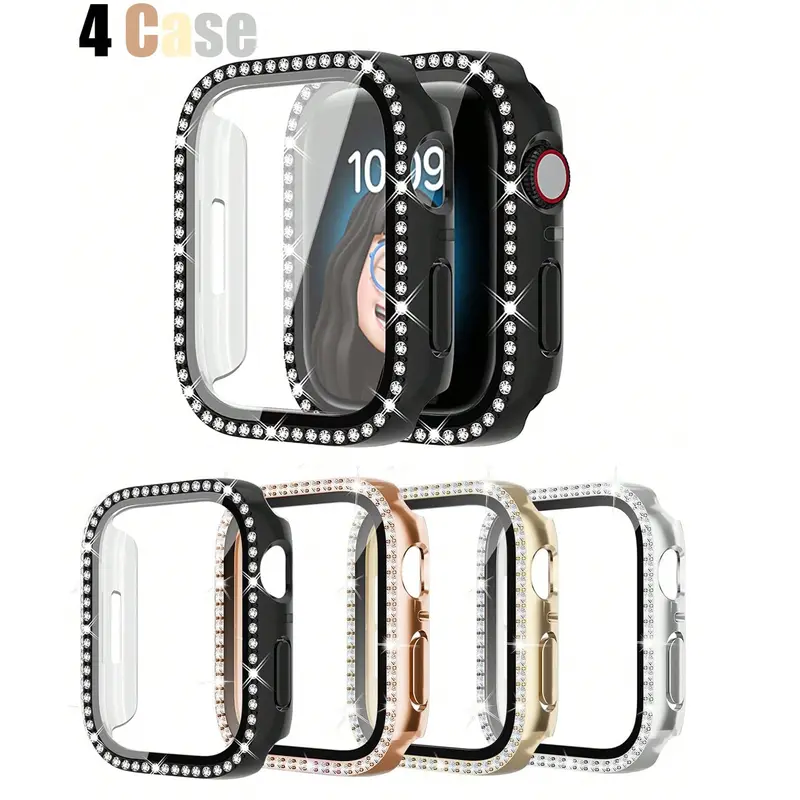 4-Pack Case with Rhinestones for Apple Watch – Shockproof, Scratch-Resistant & Protective Hard PC Case with Ultra-Thin HD Tempered Glass Screen Protector. Compatible with Apple Watch Series Ultra/12/11/10/9/8/7/6/5/4/SE (Sizes 38mm–46mm)