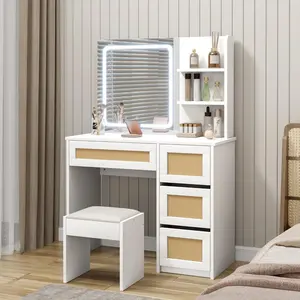 Rattan Vanity with Mirror – Makeup Vanity Desk with Adjustable LED Light – Large Storage Space & 4 Drawers, 2 Tiers of Open Shelves for Bedroom – White & Natural