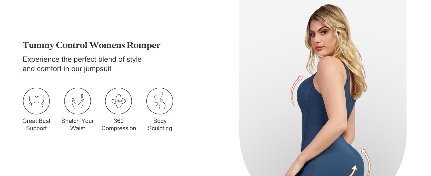 BRXL Faux Denim Jumpsuit for Women - Built-in Shapewear Tummy Control Bodycon Romper with Flared Legs & Bronze Zipper - Casual Fashion Bodysuit#Summervibes #beachoutfit, Lady