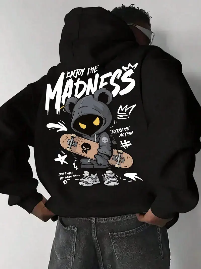 Enjoy The Madness Skateboard Cartoon Hoodie, 270G Brushed Fleece Streetwear Hooded Sweatshirt, Urban Graffiti Aesthetic Pullover, Soft Warm Casual Top For Men Women