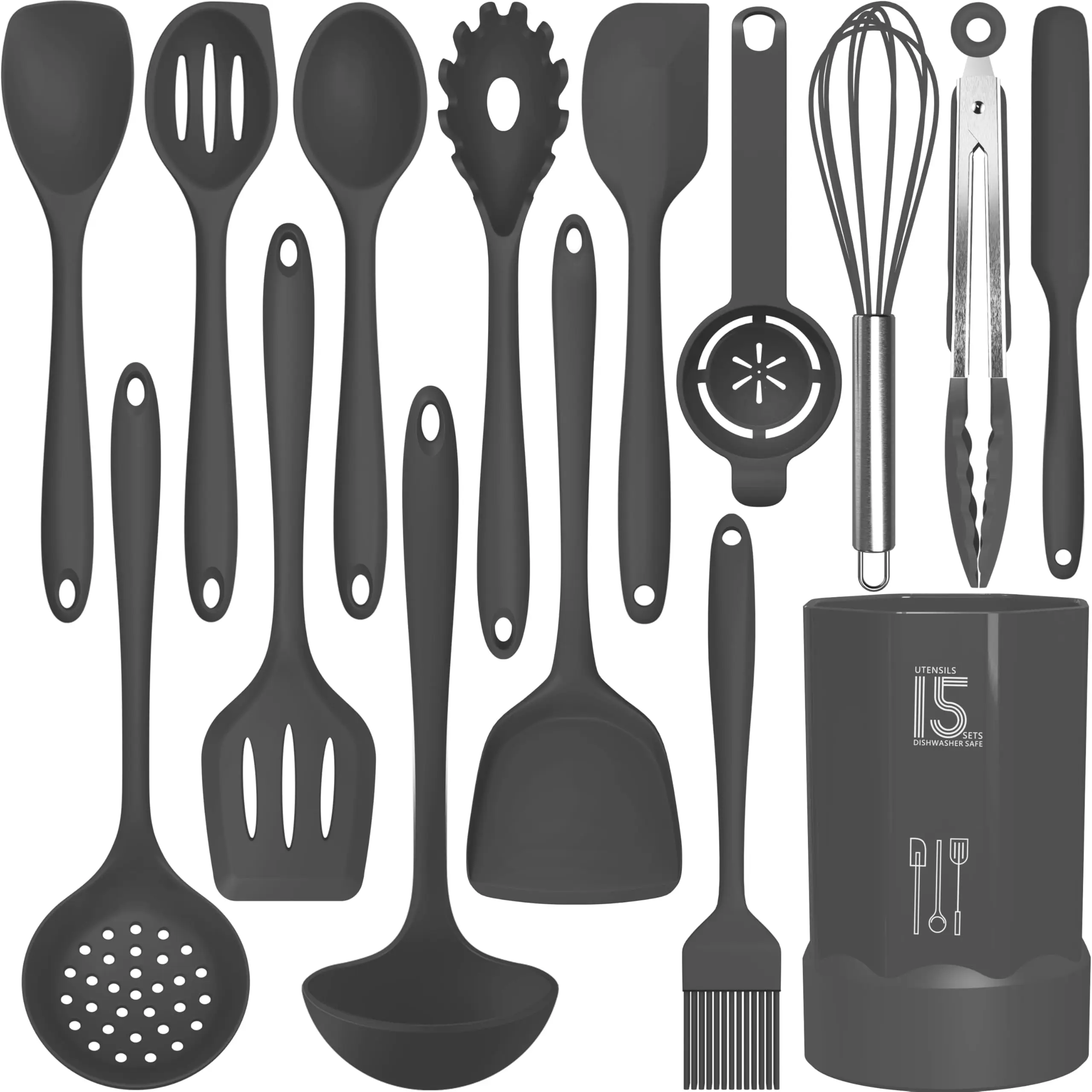 Silicone Cooking Utensils Set - 446°f Heat Resistant Kitchen Spatula Sets Turner Tongs Spoon Utensil Gadgets Tools For Nonstick Cookware Dishwasher Safe Bpa Free (grey)