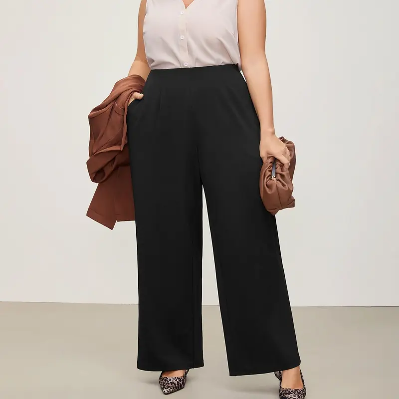 BloomChic Solid Elastic Waist Pleated Wide Leg Pants 【M-6XL】
