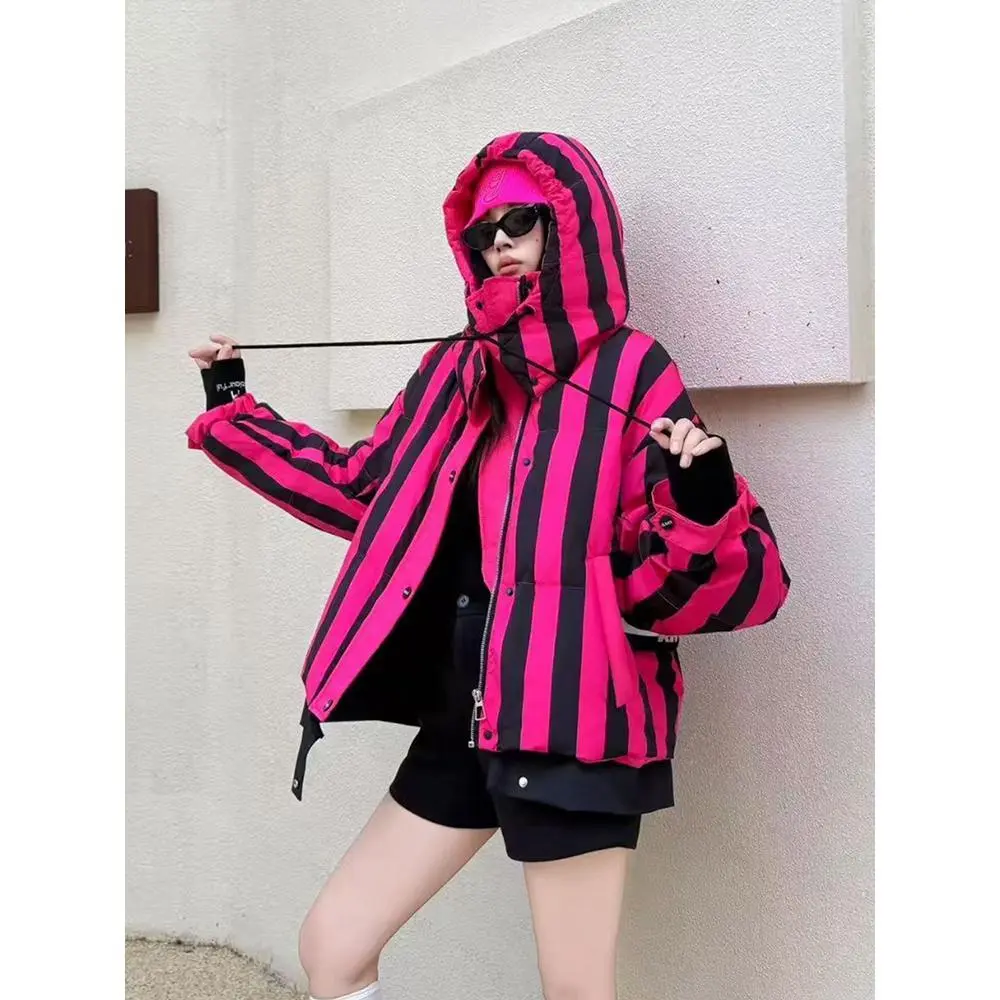 Women's Bold Stripes Quilted Duck Down Puffer Jacket - Short, Casual Hooded, Thick Waterproof Coat for Winter Outdoor Camping, Hiking